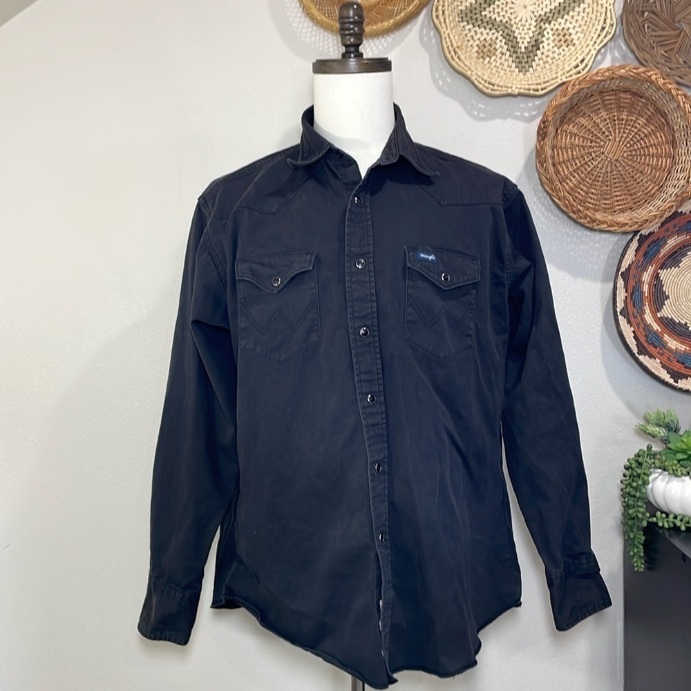 Vintage Wrangler Brush popper Snap Up Long sleeve Solid Black Large